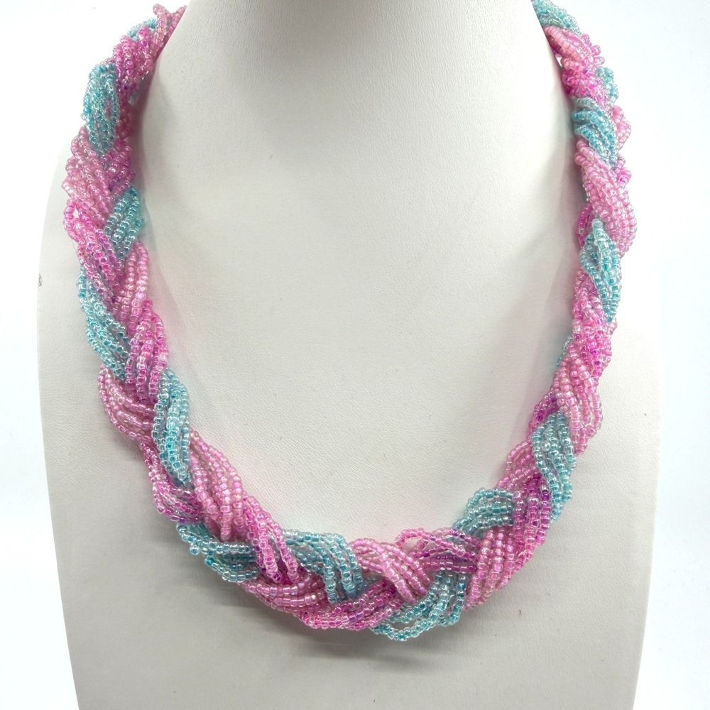 Boho Multi-Strand Pink & Blue Seed Bead Statement Necklace